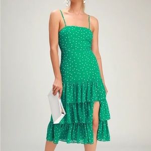 NWOT Lulus Nellie Green Polka Dot Ruffled Midi Dress